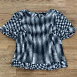 Talbots Womens Gingham Check Ruffle Hem Blouse Small Petite Black White Fall